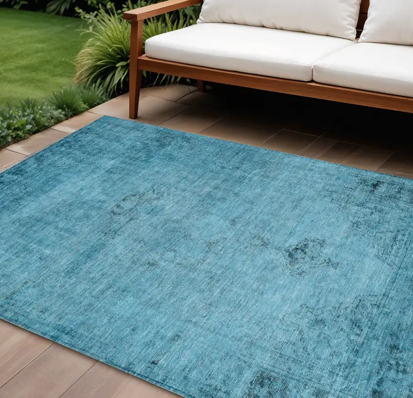Denim Blue And Navy Blue Oriental Washable Indoor Outdoor Area Rug Photo 1