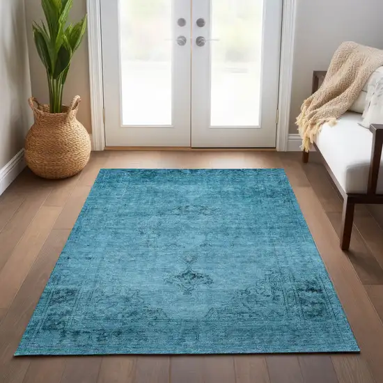 Denim Blue And Navy Blue Oriental Washable Indoor Outdoor Area Rug Photo 9