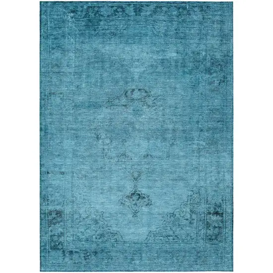 Denim Blue And Navy Blue Oriental Washable Indoor Outdoor Area Rug Photo 2