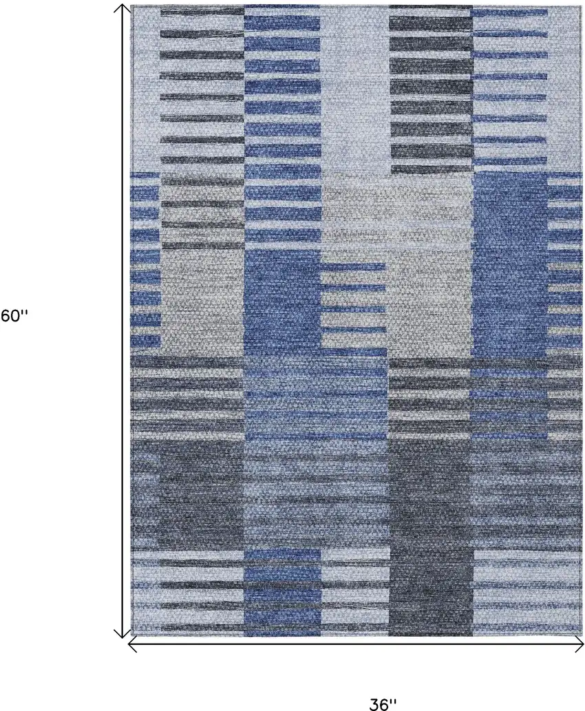 Denim Blue And Navy Blue Striped Washable Indoor Outdoor Area Rug Photo 3