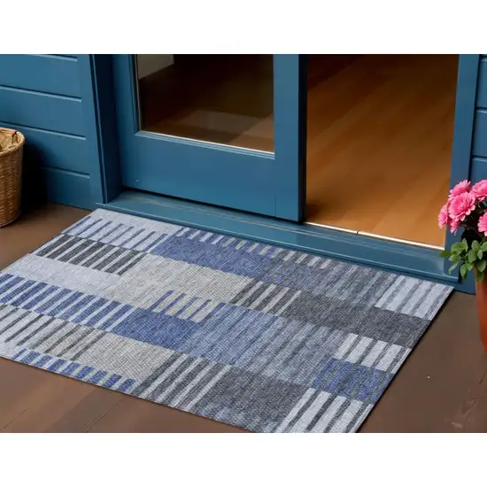 Denim Blue And Navy Blue Striped Washable Indoor Outdoor Area Rug Photo 1