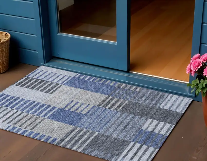 Denim Blue And Navy Blue Striped Washable Indoor Outdoor Area Rug Photo 1
