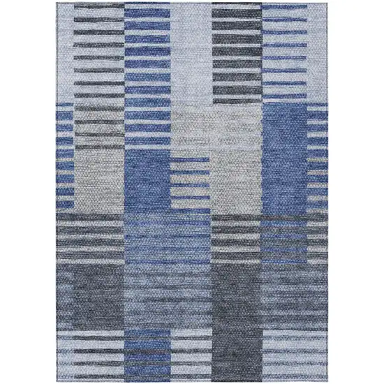 Denim Blue And Navy Blue Striped Washable Indoor Outdoor Area Rug Photo 2