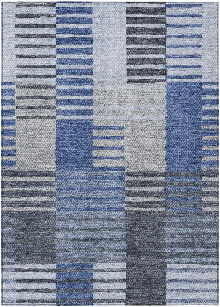 Denim Blue And Navy Blue Striped Washable Indoor Outdoor Area Rug Photo 2