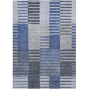 Photo of Denim Blue And Navy Blue Striped Washable Indoor Outdoor Area Rug