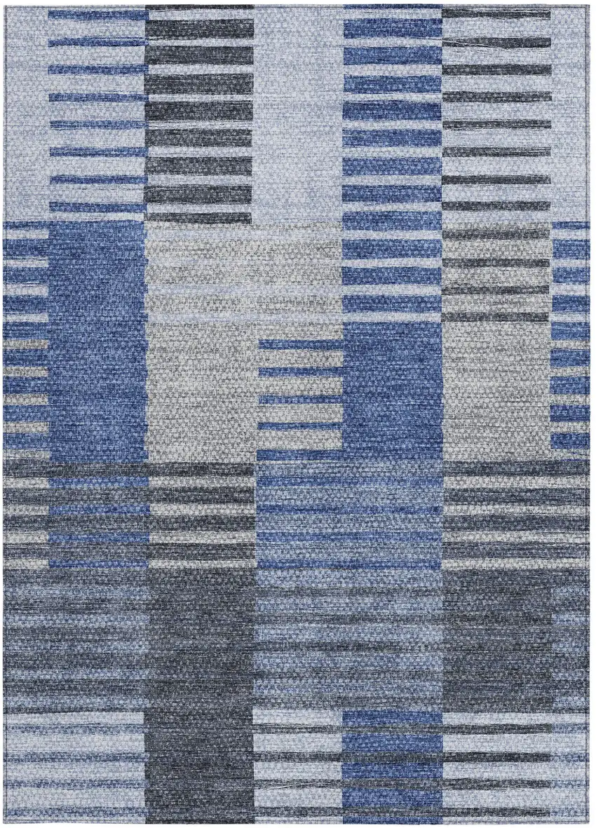 Denim Blue And Navy Blue Striped Washable Indoor Outdoor Area Rug Photo 5
