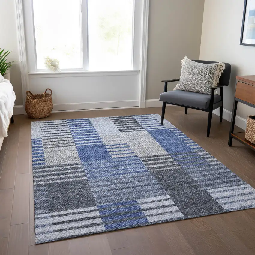 Denim Blue And Navy Blue Striped Washable Indoor Outdoor Area Rug Photo 7