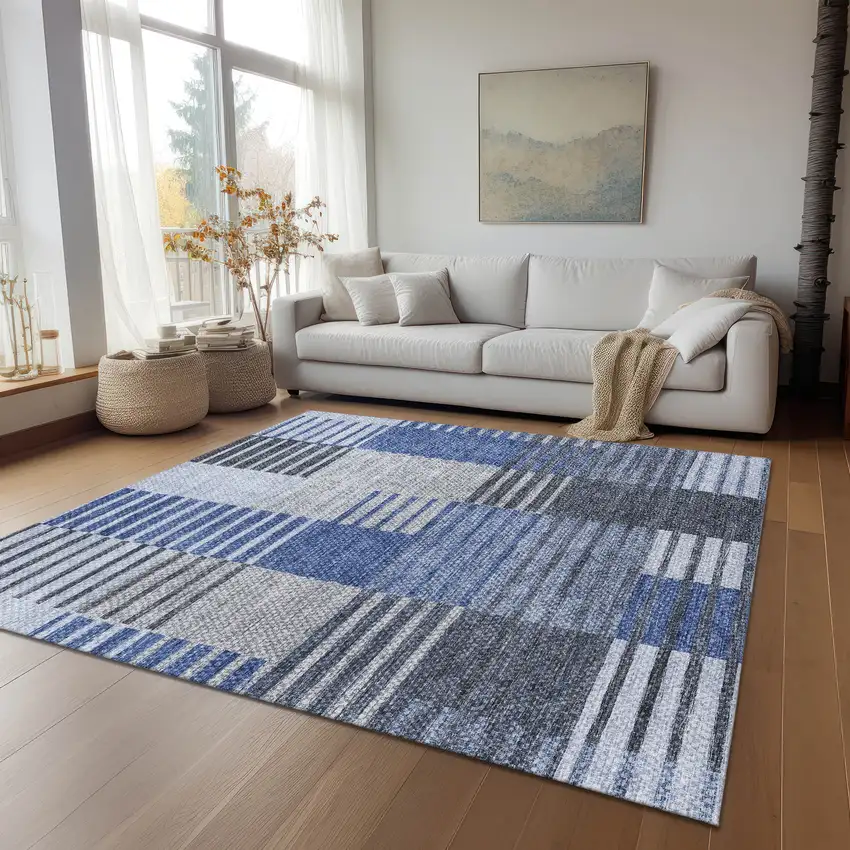 Denim Blue And Navy Blue Striped Washable Indoor Outdoor Area Rug Photo 8