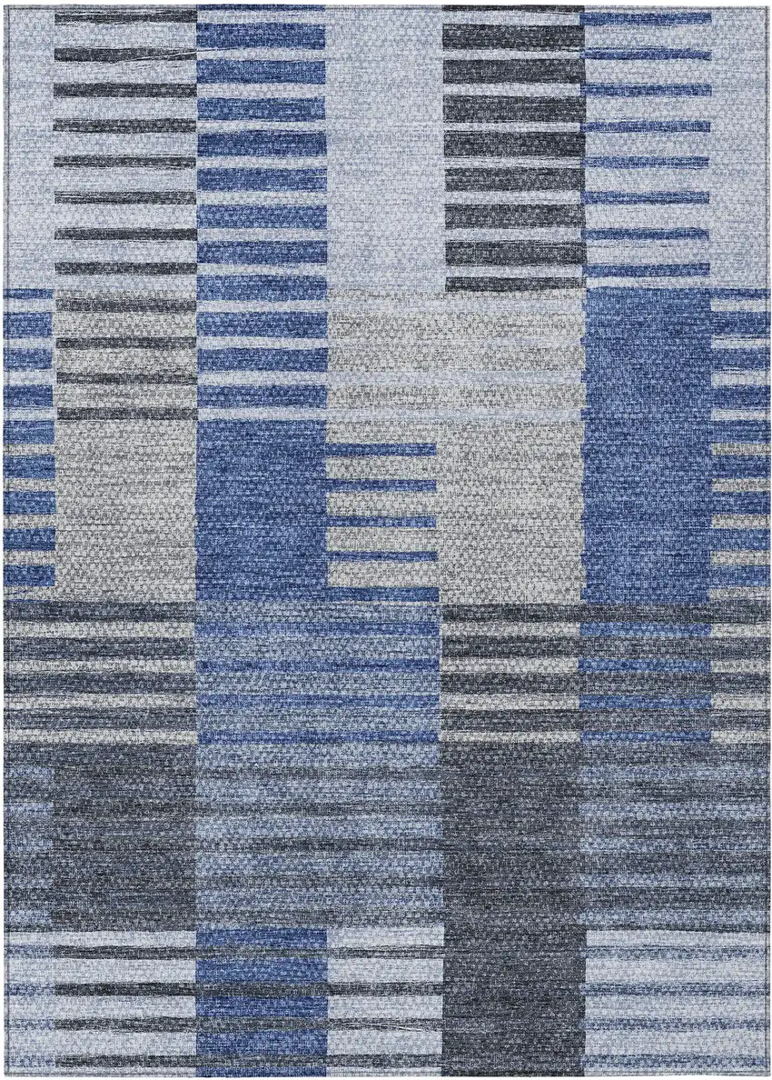Denim Blue And Navy Blue Striped Washable Indoor Outdoor Area Rug Photo 2