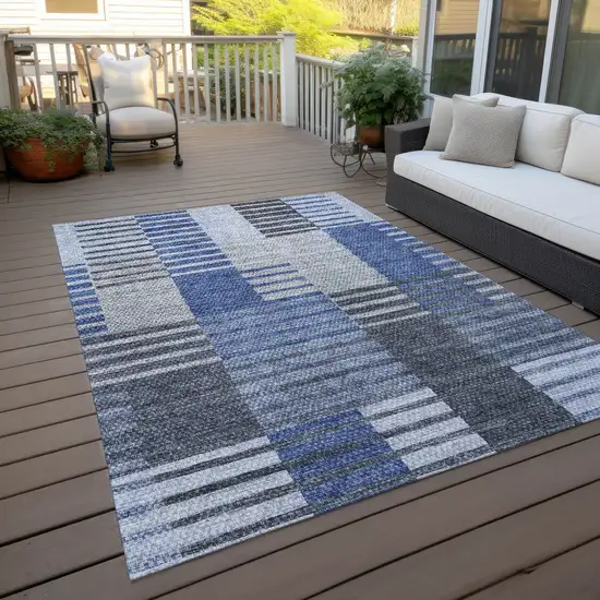 Denim Blue And Navy Blue Striped Washable Indoor Outdoor Area Rug Photo 7