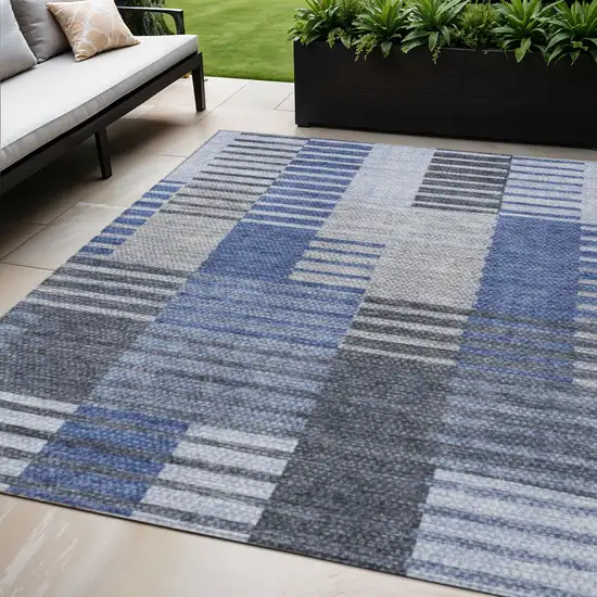Denim Blue And Navy Blue Striped Washable Indoor Outdoor Area Rug Photo 1