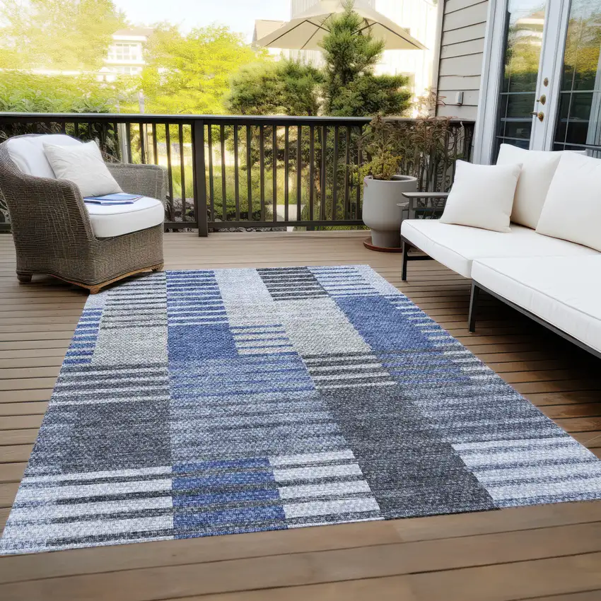 Denim Blue And Navy Blue Striped Washable Indoor Outdoor Area Rug Photo 9
