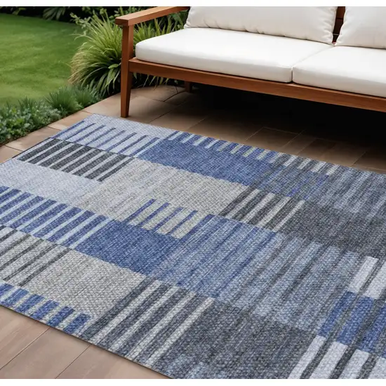 Denim Blue And Navy Blue Striped Washable Indoor Outdoor Area Rug Photo 1