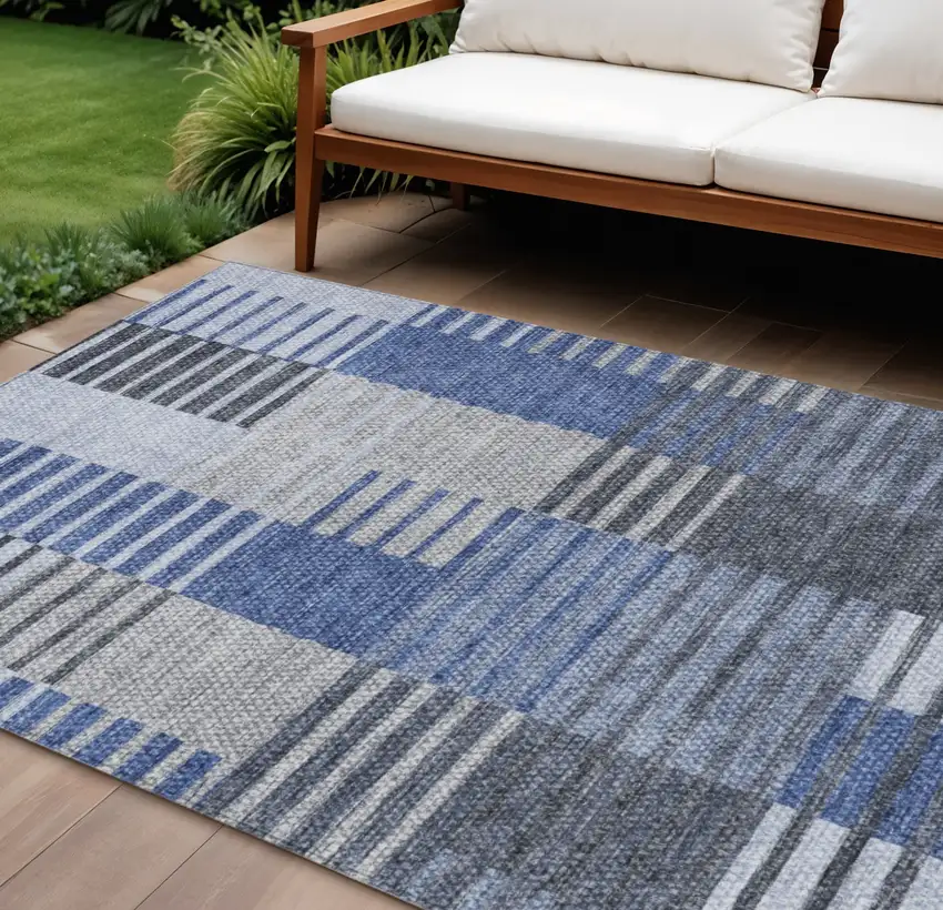 Denim Blue And Navy Blue Striped Washable Indoor Outdoor Area Rug Photo 1