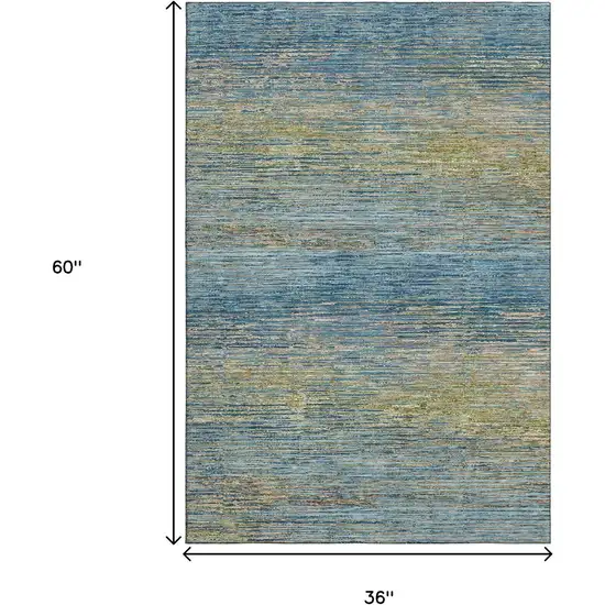 Denim Blue And Olive Green Striped Washable Area Rug With UV Protection Photo 3