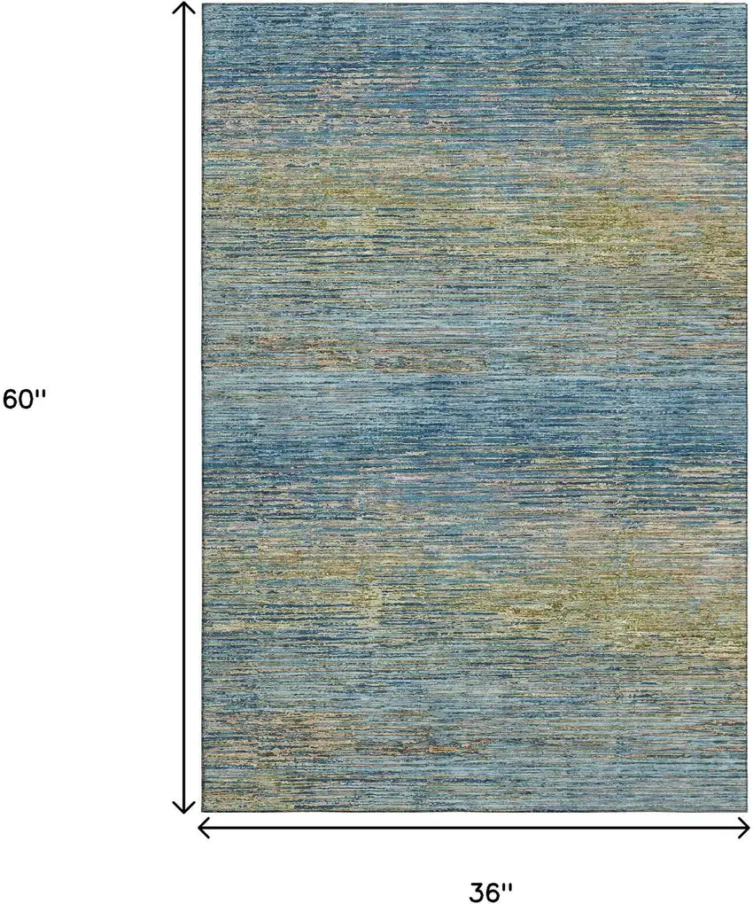 Denim Blue And Olive Green Striped Washable Area Rug With UV Protection Photo 3