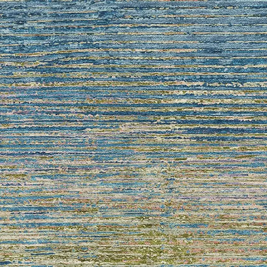 Denim Blue And Olive Green Striped Washable Area Rug With UV Protection Photo 2