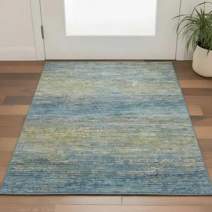 Denim Blue And Olive Green Striped Washable Area Rug With UV Protection Photo 2