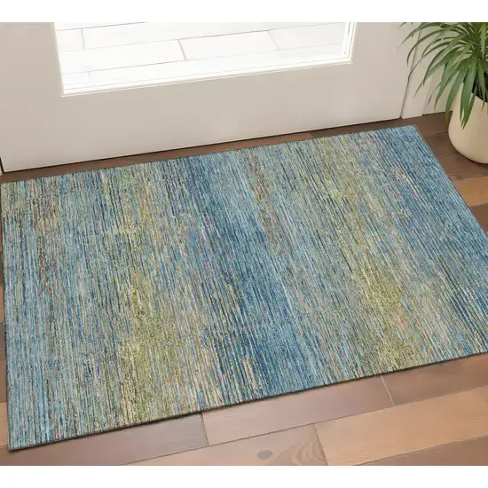 Denim Blue And Olive Green Striped Washable Area Rug With UV Protection Photo 1