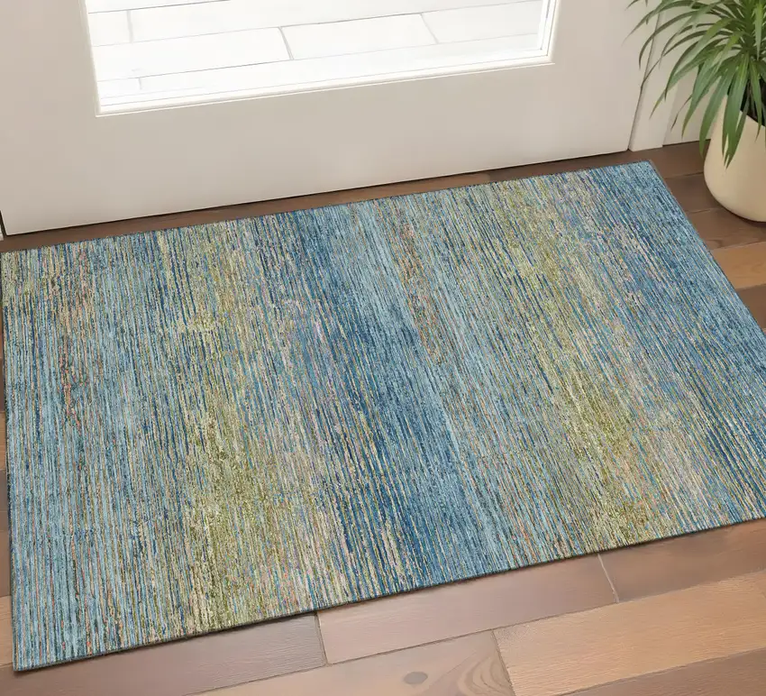 Denim Blue And Olive Green Striped Washable Area Rug With UV Protection Photo 1