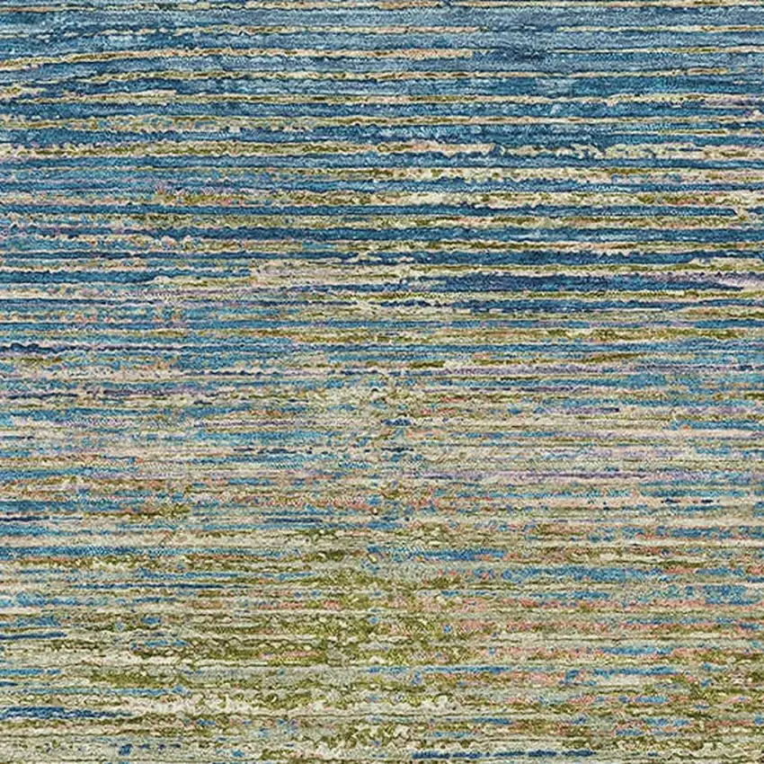 Denim Blue And Olive Green Striped Washable Area Rug With UV Protection Photo 2