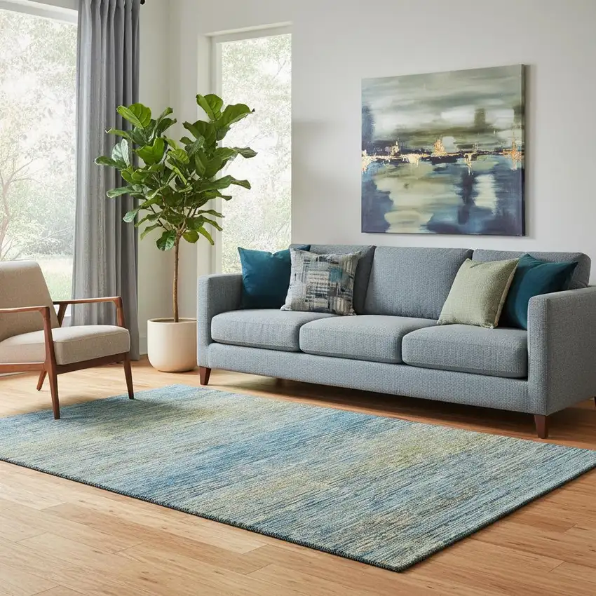 Denim Blue And Olive Green Striped Washable Area Rug With UV Protection Photo 2