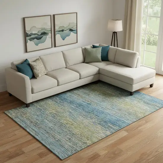 Denim Blue And Olive Green Striped Washable Area Rug With UV Protection Photo 2