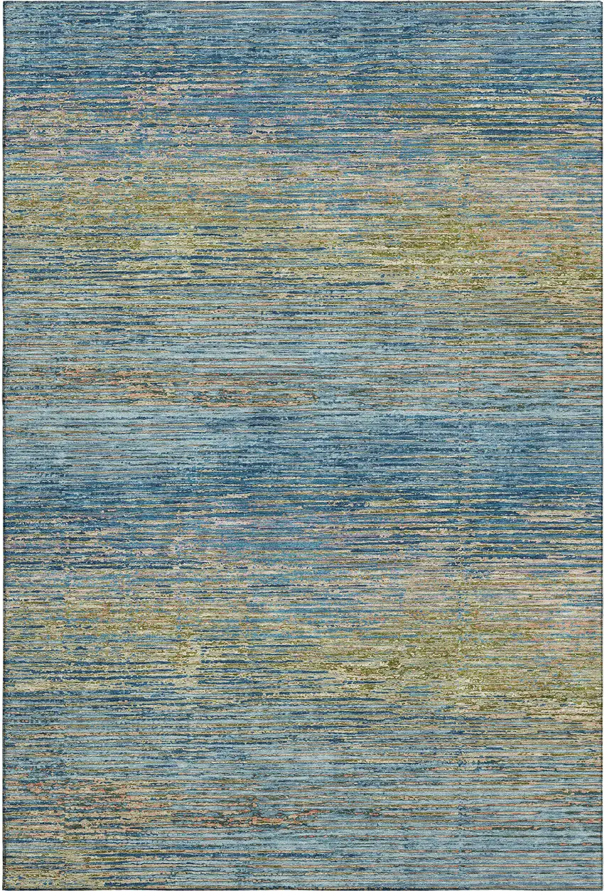 Denim Blue And Olive Green Striped Washable Area Rug With UV Protection Photo 1