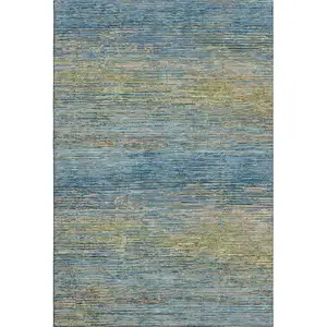 Photo of Denim Blue And Olive Green Striped Washable Area Rug With UV Protection