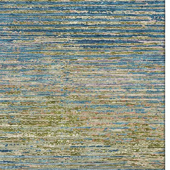 Denim Blue And Olive Green Striped Washable Area Rug With UV Protection Photo 2