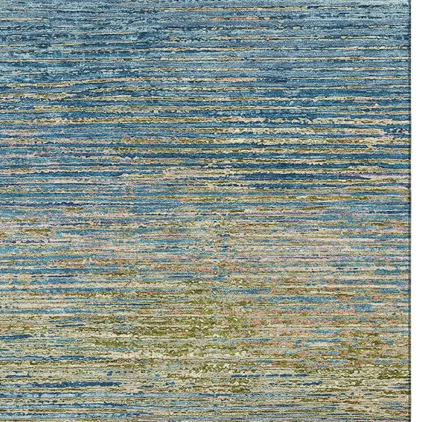 Denim Blue And Olive Green Striped Washable Area Rug With UV Protection Photo 3