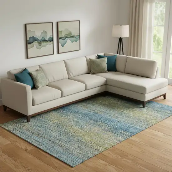 Denim Blue And Olive Green Striped Washable Area Rug With UV Protection Photo 2