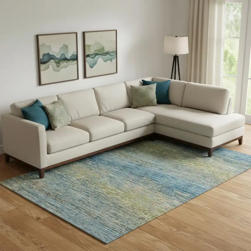 Denim Blue And Olive Green Striped Washable Area Rug With UV Protection Photo 2