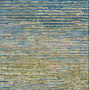Photo of Denim Blue And Olive Green Striped Washable Area Rug With UV Protection