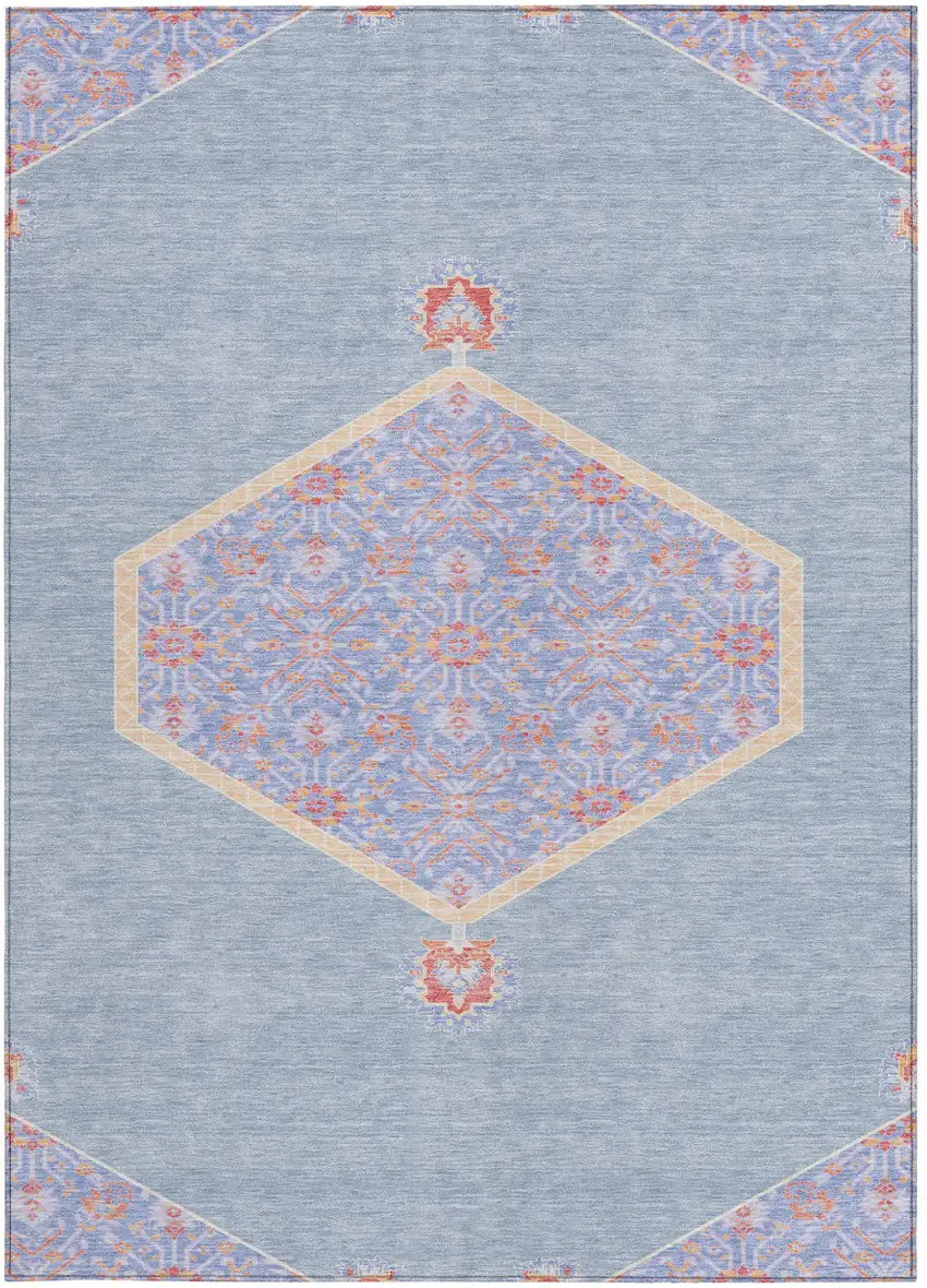 Denim Blue And Orange Oriental Washable Indoor Outdoor Area Rug Photo 7