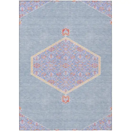 Denim Blue And Orange Oriental Washable Indoor Outdoor Area Rug Photo 2