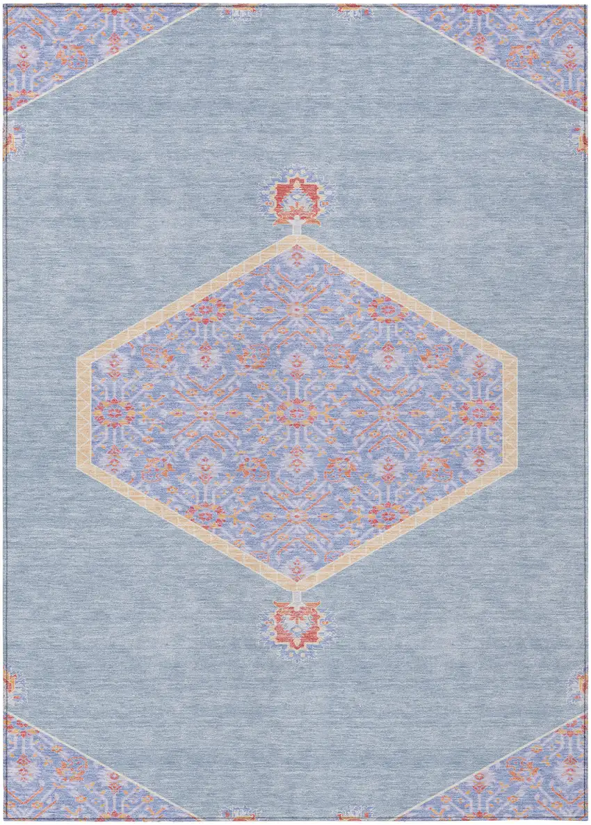 Denim Blue And Orange Oriental Washable Indoor Outdoor Area Rug Photo 2
