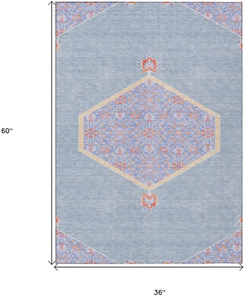 Denim Blue And Orange Oriental Washable Indoor Outdoor Area Rug Photo 3