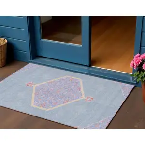 Photo of Denim Blue And Orange Oriental Washable Indoor Outdoor Area Rug