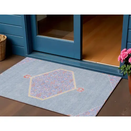 Denim Blue And Orange Oriental Washable Indoor Outdoor Area Rug Photo 1
