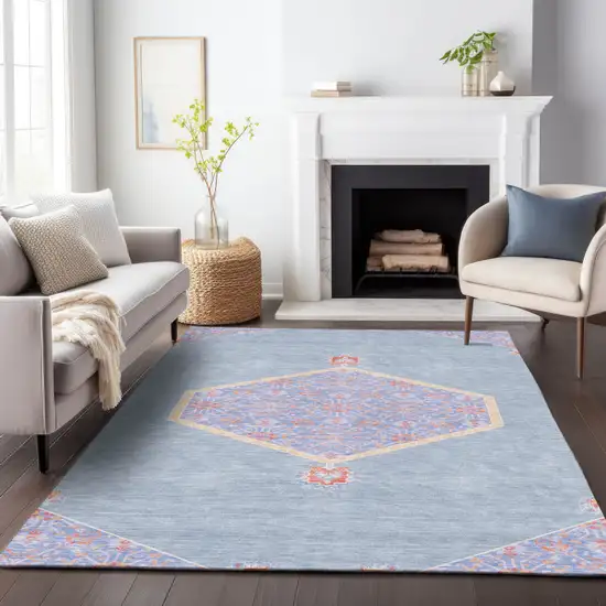 Denim Blue And Orange Oriental Washable Indoor Outdoor Area Rug Photo 9