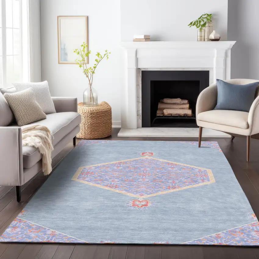 Denim Blue And Orange Oriental Washable Indoor Outdoor Area Rug Photo 9