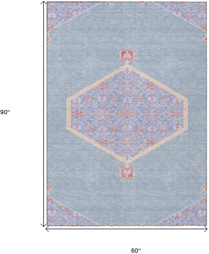 Denim Blue And Orange Oriental Washable Indoor Outdoor Area Rug Photo 3