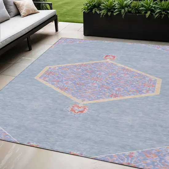 Denim Blue And Orange Oriental Washable Indoor Outdoor Area Rug Photo 1