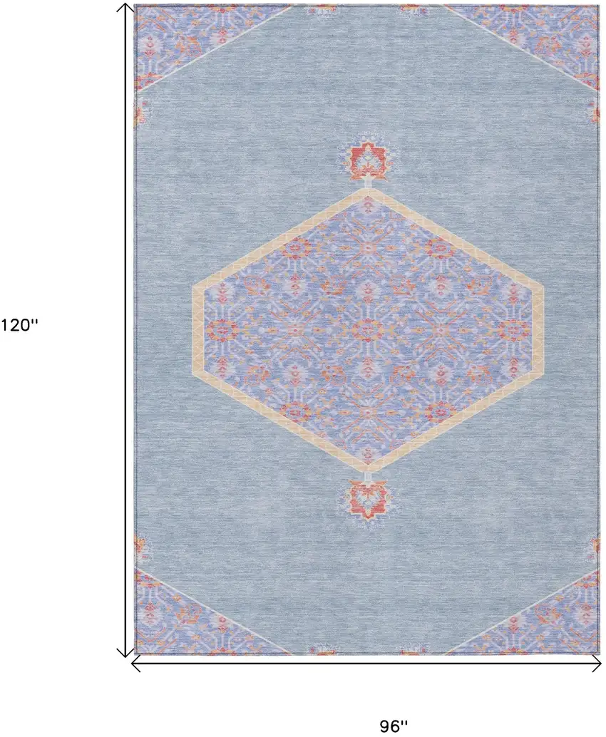 Denim Blue And Orange Oriental Washable Indoor Outdoor Area Rug Photo 3