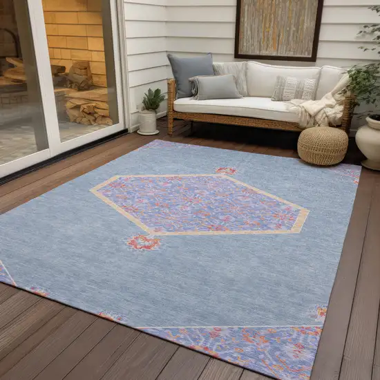 Denim Blue And Orange Oriental Washable Indoor Outdoor Area Rug Photo 8