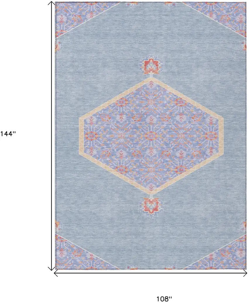 Denim Blue And Orange Oriental Washable Indoor Outdoor Area Rug Photo 3