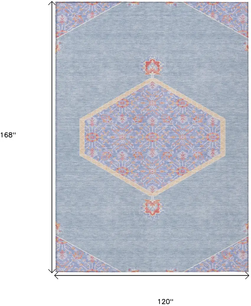 Denim Blue And Orange Oriental Washable Indoor Outdoor Area Rug Photo 3
