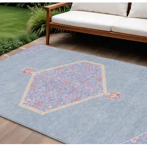 Photo of Denim Blue And Orange Oriental Washable Indoor Outdoor Area Rug