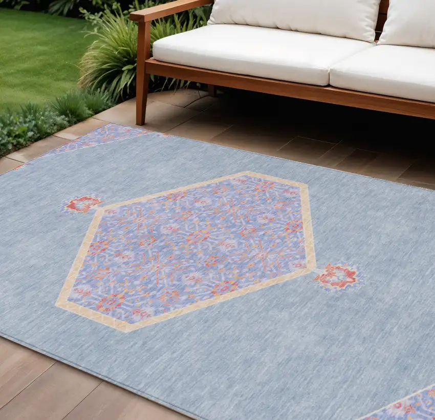Denim Blue And Orange Oriental Washable Indoor Outdoor Area Rug Photo 1